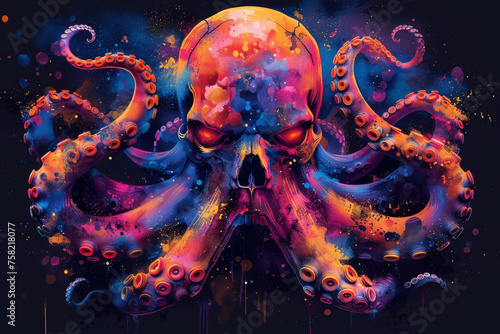 A frightening neon skull with tentacles of neon color highlighted on a black background.