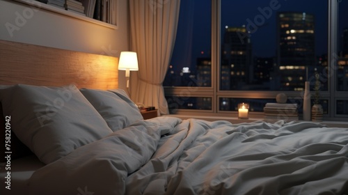 A bed in a bedroom overlooking a city at night. Perfect for interior design concepts