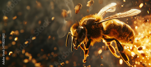 a bee flying away from an explosion, with copy space