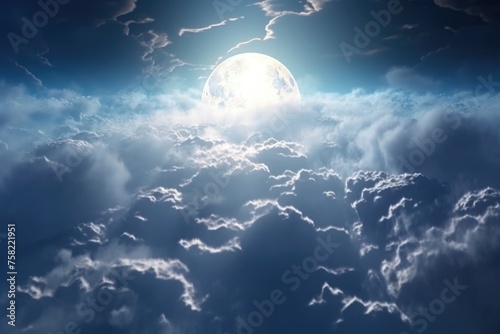 A stunning view of a full moon shining above the clouds. Perfect for night sky or weather-related concepts