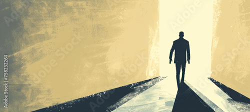 Illustration of man walking out of the darkness toward the light