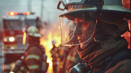 Close-up of a firefighter in gear against a backdrop of firetrucks and fire, face obscured, highlighting bravery and urgency