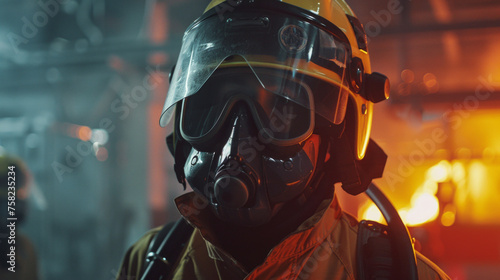 Detailed view of a firefighter's protective face mask against a fiery background, showing safety and technology