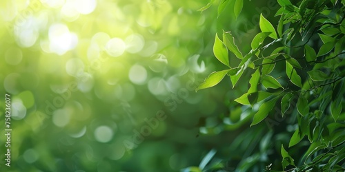 A light green background of smooth plant leaves with white highlights. Juicy tree branches behind a light bokeh. Modern eco-friendly background, postcard