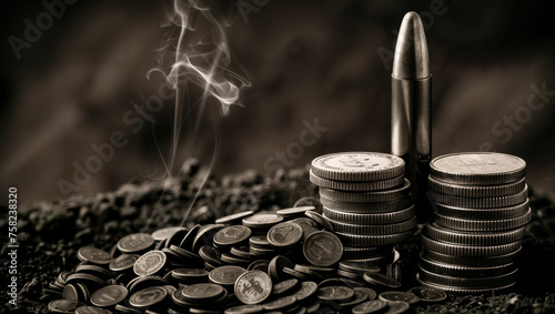 Bullet behind smoking fantasy coins symbolizes that some businesses are conducted using violence.