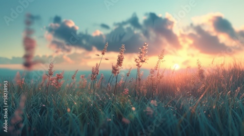 Pastel Sunrise Over Dewy Meadow, tranquil scene as the morning sun casts a warm glow over a dewy meadow, illuminating delicate wildflowers and soft grasses