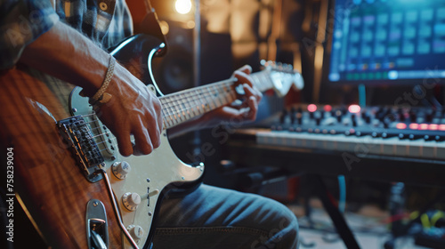 Guitarist's hands playing an electric guitar with blurred studio equipment in the background