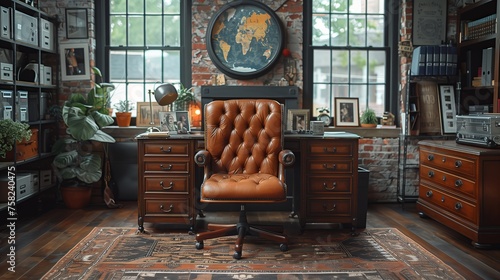 Classic Home Office with Leather Executive Chair and World Map Decor