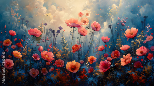 Illustrated field of vivid flowers against a blue backdrop evokes a dreamy and ethereal atmosphere