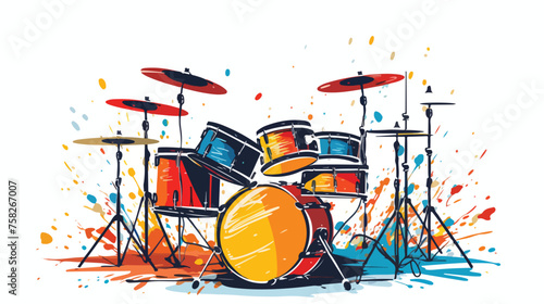 A set of drums with vibrant colors and drumsticks r