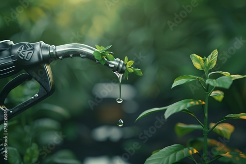 3D graphic of fuel nozzle with green sprout representing eco-friendliness, isolated. Eco-friendly biofuel concept.