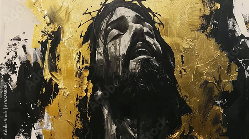 Pintura acrílica Jesus Cristo dourada com preto