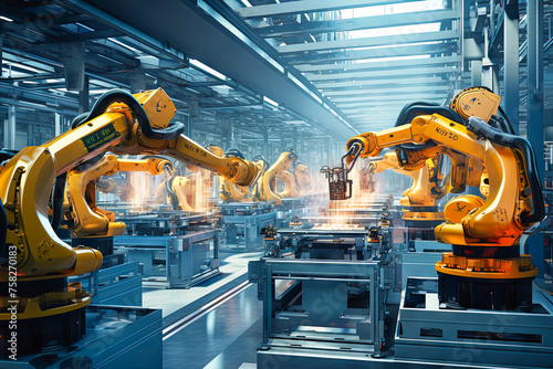 Yellow Robots Filling a Factory