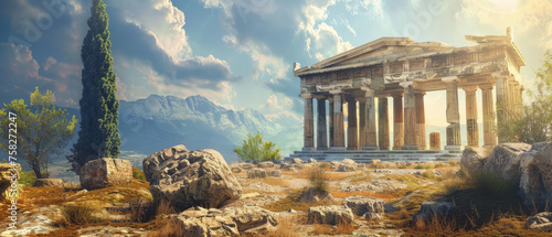 Ancient Greek temple in sunlight on sky background, landscape with old building in summer. Concept of history, Greece, antique, travel.