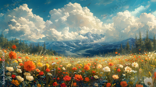 An awe-inspiring painting showcasing a beautiful wildflower meadow with towering mountains under a cloudy blue sky