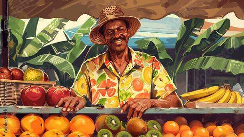 barraca de frutas. Um homem sorridente está vendendo frutas. Há um kiwi, uma laranja, uma maçã e uma banana na barraca de frutas