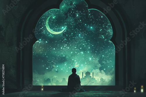Silhouette of person in prayer with crescent moon during Ramadan. Conceptual digital art for Islamic holy month. Design for poster, greeting card, and religious event background