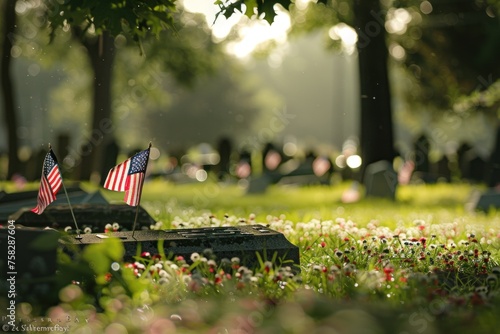 A cemetery with two American flags on a grave marker. Memorial day concept