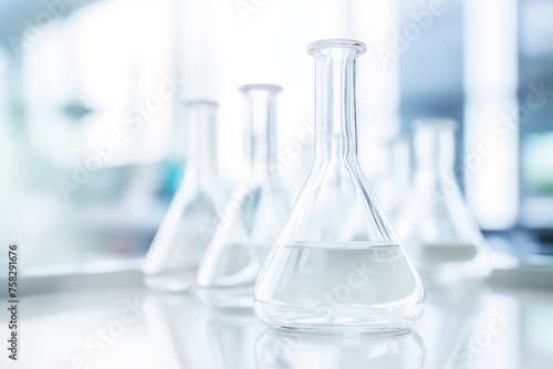 Transparent flasks set against the backdrop of a laboratory filled with pristine water, symbolizing purity and scientific precision. This captivating image evokes the essence of experimentation