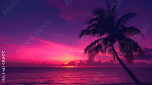 A breathtaking view of a vibrant sunset sky over the ocean with a silhouette of a palm tree leaning towards the sea