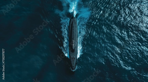 A grand military nuclear submarine dominates the open waters of the ocean.