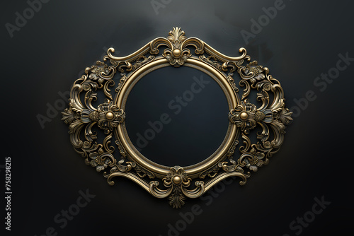 An intricately designed gold frame hanging on a black wall, emphasizing elegance and contrast.
