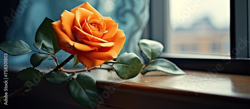 A single orange hybrid tea rose is elegantly displayed in a flowerpot on a window sill, showcasing its vibrant petals and beauty