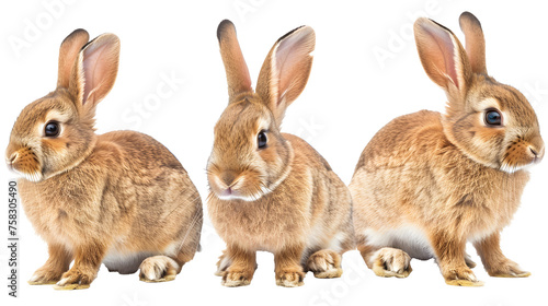 Collection of three brown rabbits (portrait, sitting, side view), animal bundle isolated on a white background as transparent PNG