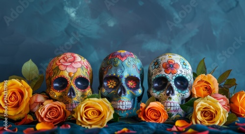 Day of the Dead themed digital backdrop, three sugar skulls, vibrant colors, dark blue background, orange and yellow roses Generative AI