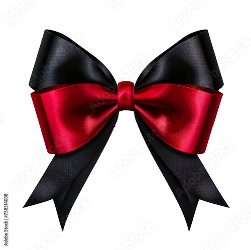 Czarno - czerwona, czarna, kokarda na przezroczystym tle. Gruba wstążka. Walentynki, urodziny, prezent, elegancka dekoracja. 