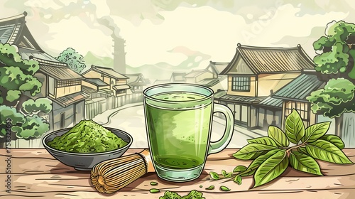 A 3D realistic rendering of a glass of matcha latte accompanied by a bamboo whisk, a bowl of green powder, and tea leaves