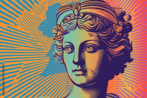 Minerva Goddess of Wisdom depicted in a colorful Pop Art style with vibrant Roman mythology influences