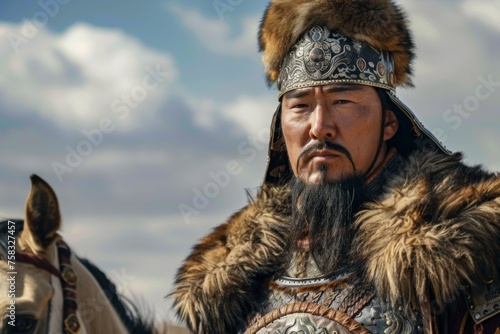 Epic portrait of Genghis Khan, the Mongol Emperor, dressed in historical warrior armor with a horse