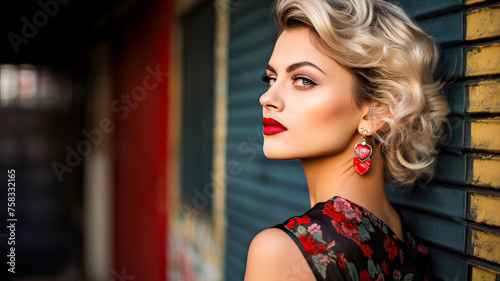 Empowered woman with red lips and floral blouse gazes aside against colorful backdrop.