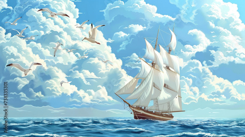 A beautiful painting of a sailboat in the vast ocean, perfect for nautical themes