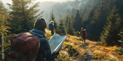 A couple of people hiking up a hill with a map. Perfect for outdoor and adventure concepts