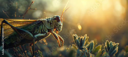 grasshopper on a plant with copy space