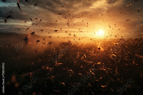 a swarm of insects at sunrise