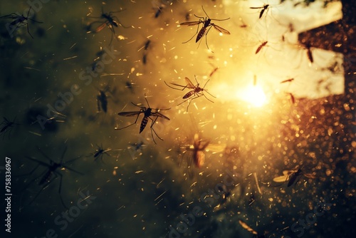a swarm of mosquitos at sunset