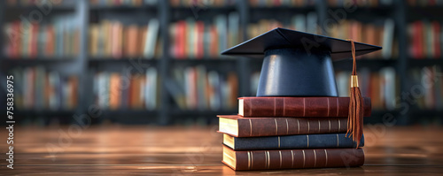 graduation hat on pile of books course or scholarship concept