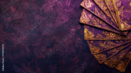 Mysterious tarot cards with golden details spread on textured purple surface