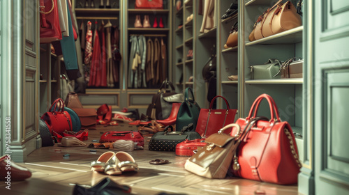 cabina armadio di lusso piena di borse e scarpe firmate sparse sul pavimento.