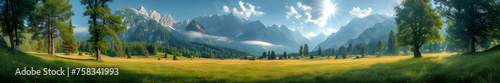 Wide panorama of a meadow with spring flowers in the morning fog on the background of mountains. Generative AI.