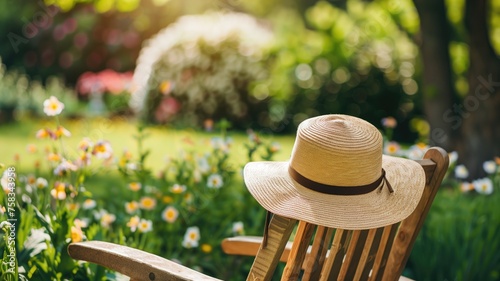 Straw hat resting on a wooden chair in a sunny summer garden
