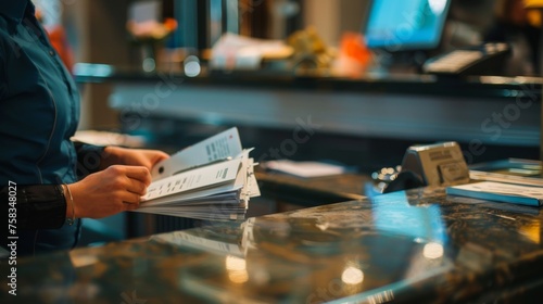 A hotel receptionist attentively reviews documents, capturing the professionalism and diligence of the hospitality industry