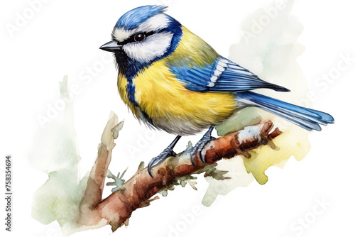 blue bird element watercolor tit avian titmouse bird blue small illustration white drawn feathers tit cute watercolor blue european tiny background yellow branch hand