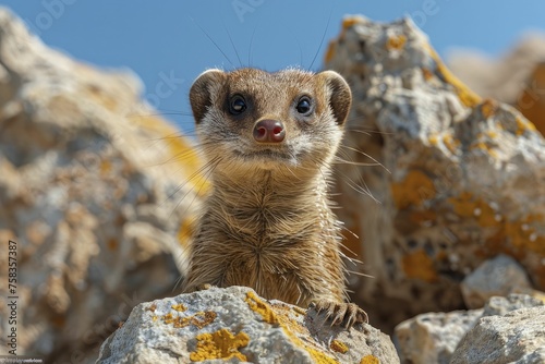 A startled mongoose emerges from a split rock against a clear yellow background, pausing with surprise.