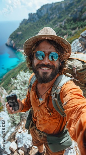 Smiling man with a straw hat takes a selfie with stunning coastal cliffs in the background