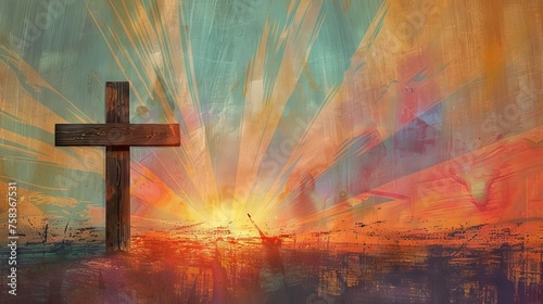 Abstract cross against dramatic sunset sky. Bold brushstrokes, vivid colors. Concept of Easter greetings, celebration, resurrection joy, religious, natural burial, memorial. Art. Postcard. Copy space