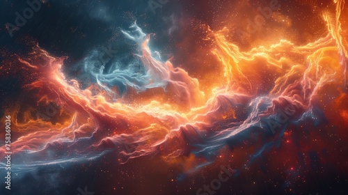A breathtaking painting of a cosmic fire and ice storm in space